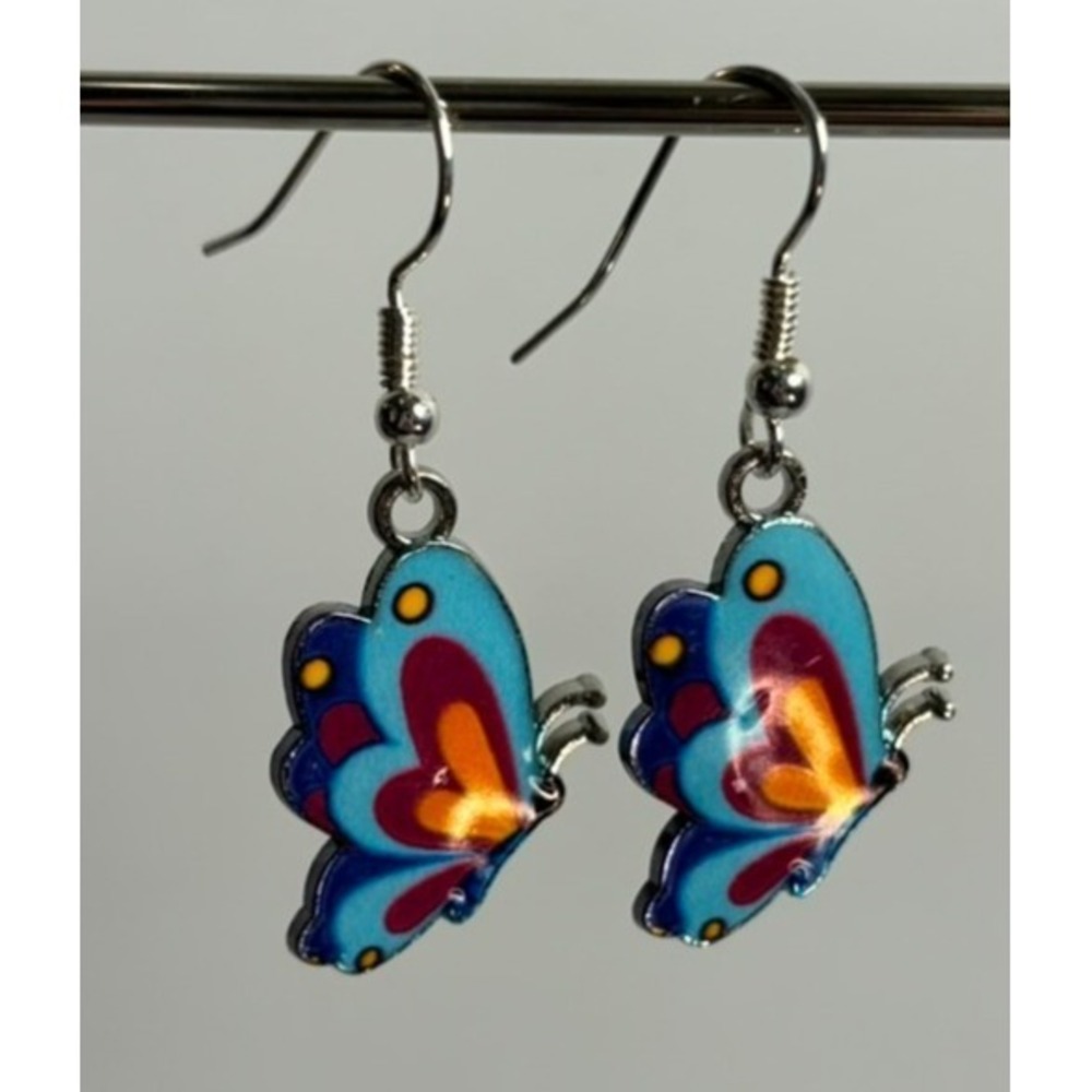 Butterfly Earrings in Blue and Multicolor Enamel on Silver Tone Cute‎ Kidcore